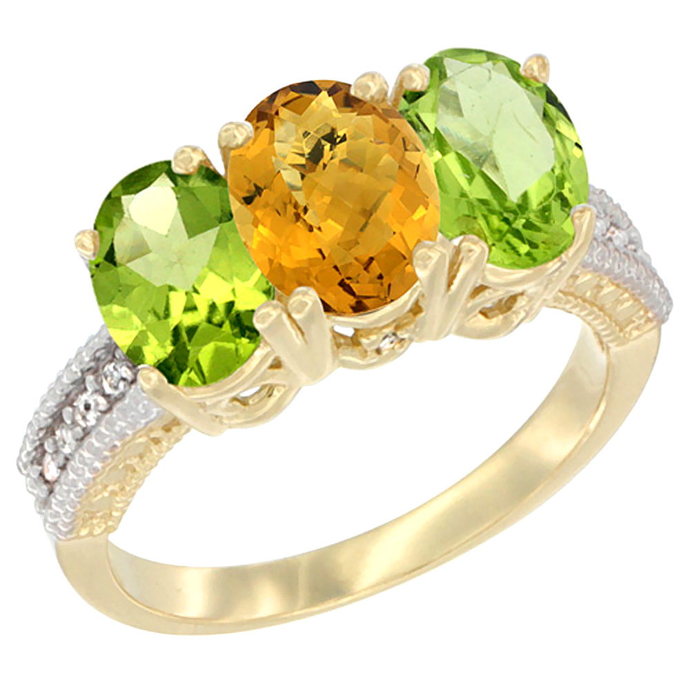 14K Yellow Gold Natural Whisky Quartz & Peridot Sides Ring 3-Stone Oval 7x5 mm Diamond Accent, sizes 5 - 10