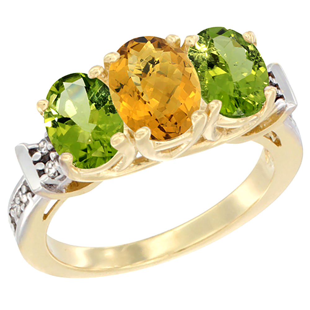 14K Yellow Gold Natural Whisky Quartz & Peridot Sides Ring 3-Stone Oval Diamond Accent, sizes 5 - 10