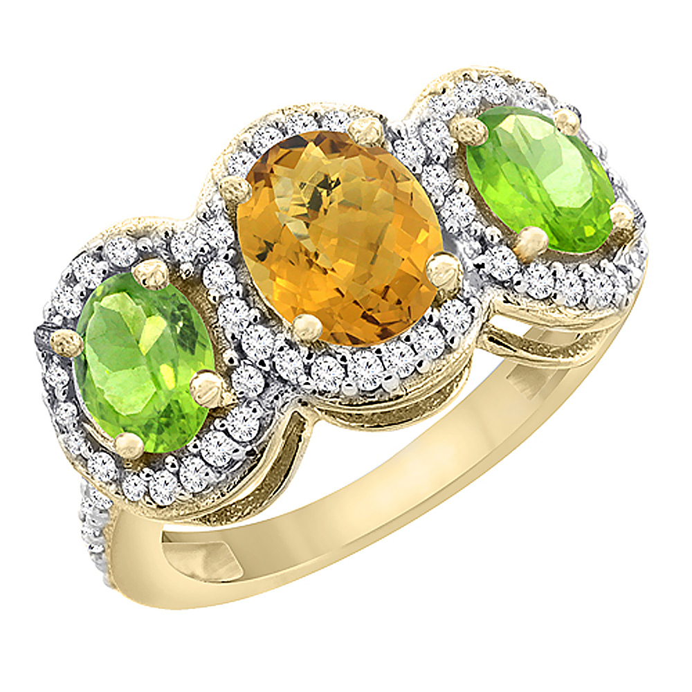 14K Yellow Gold Natural Whisky Quartz & Peridot 3-Stone Ring Oval Diamond Accent, sizes 5 - 10