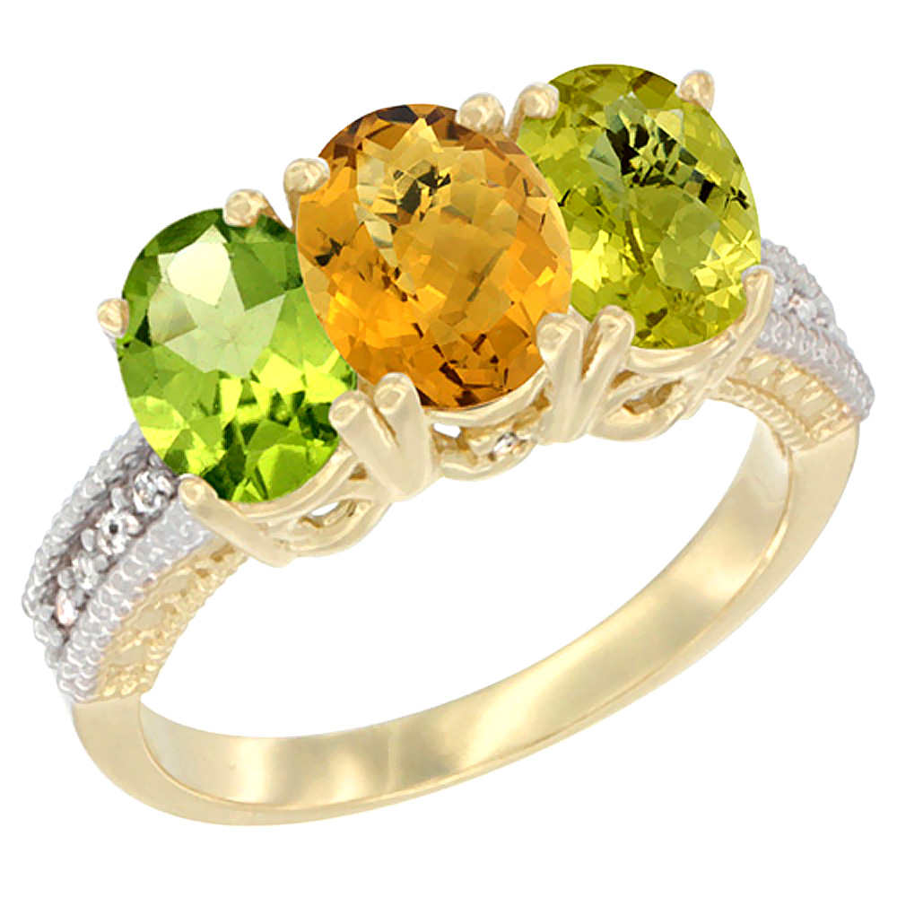 14K Yellow Gold Natural Peridot, Whisky Quartz &amp; Lemon Quartz Ring 3-Stone Oval 7x5 mm Diamond Accent, sizes 5 - 10