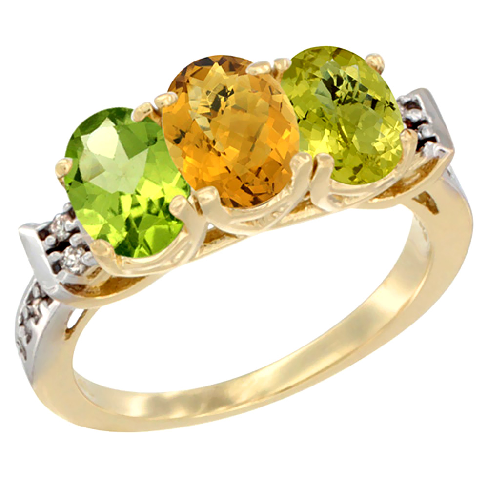 14K Yellow Gold Natural Peridot, Whisky Quartz &amp; Lemon Quartz Ring 3-Stone Oval 7x5 mm Diamond Accent, sizes 5 - 10