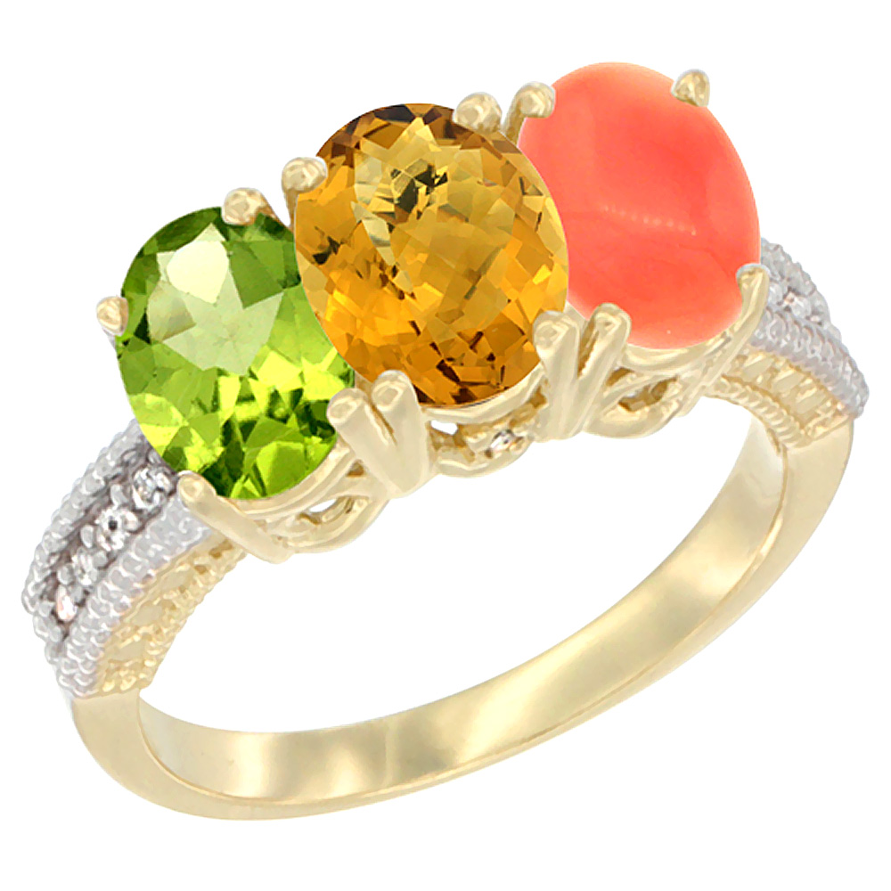 10K Yellow Gold Natural Peridot, Whisky Quartz &amp; Coral Ring 3-Stone Oval 7x5 mm, sizes 5 - 10