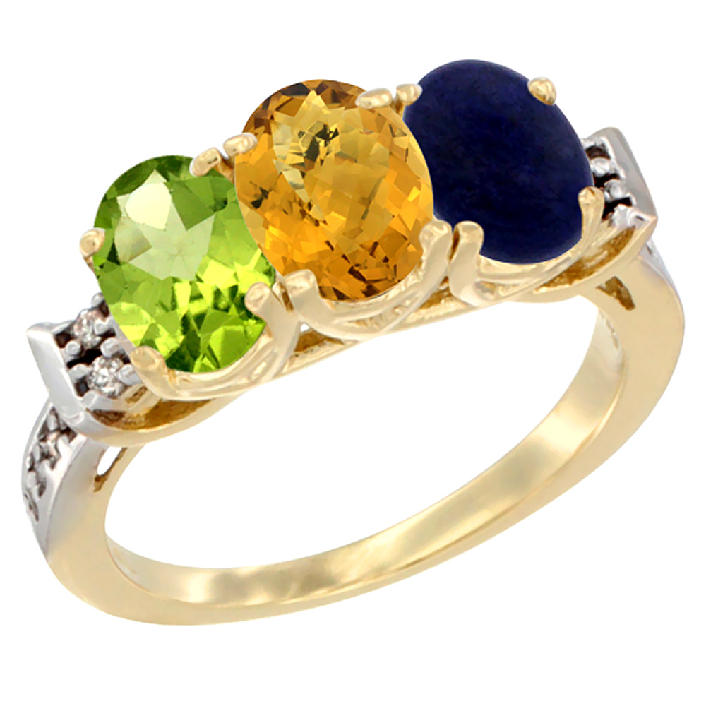 10K Yellow Gold Natural Peridot, Whisky Quartz &amp; Lapis Ring 3-Stone Oval 7x5 mm Diamond Accent, sizes 5 - 10