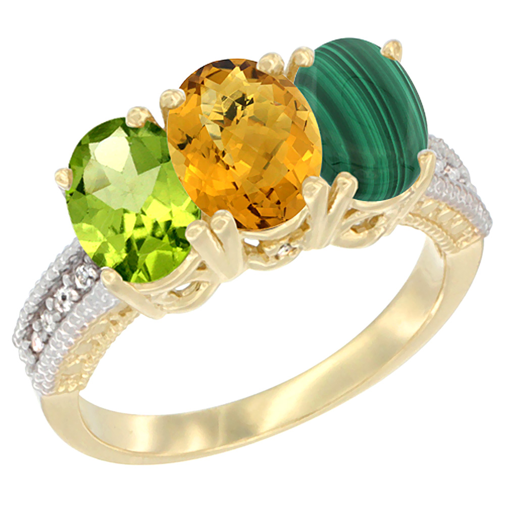 10K Yellow Gold Natural Peridot, Whisky Quartz & Malachite Ring 3-Stone Oval 7x5 mm, sizes 5 - 10