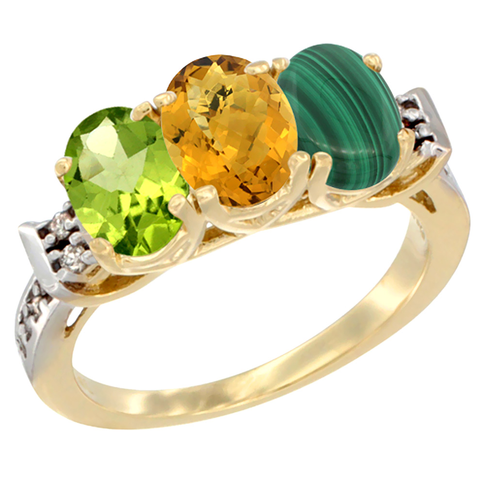 10K Yellow Gold Natural Peridot, Whisky Quartz &amp; Malachite Ring 3-Stone Oval 7x5 mm Diamond Accent, sizes 5 - 10