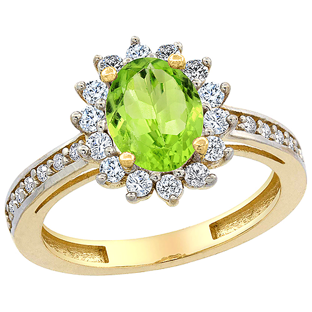14K Yellow Gold Natural Peridot Floral Halo Ring Oval 8x6mm Diamond Accents, sizes 5 - 10