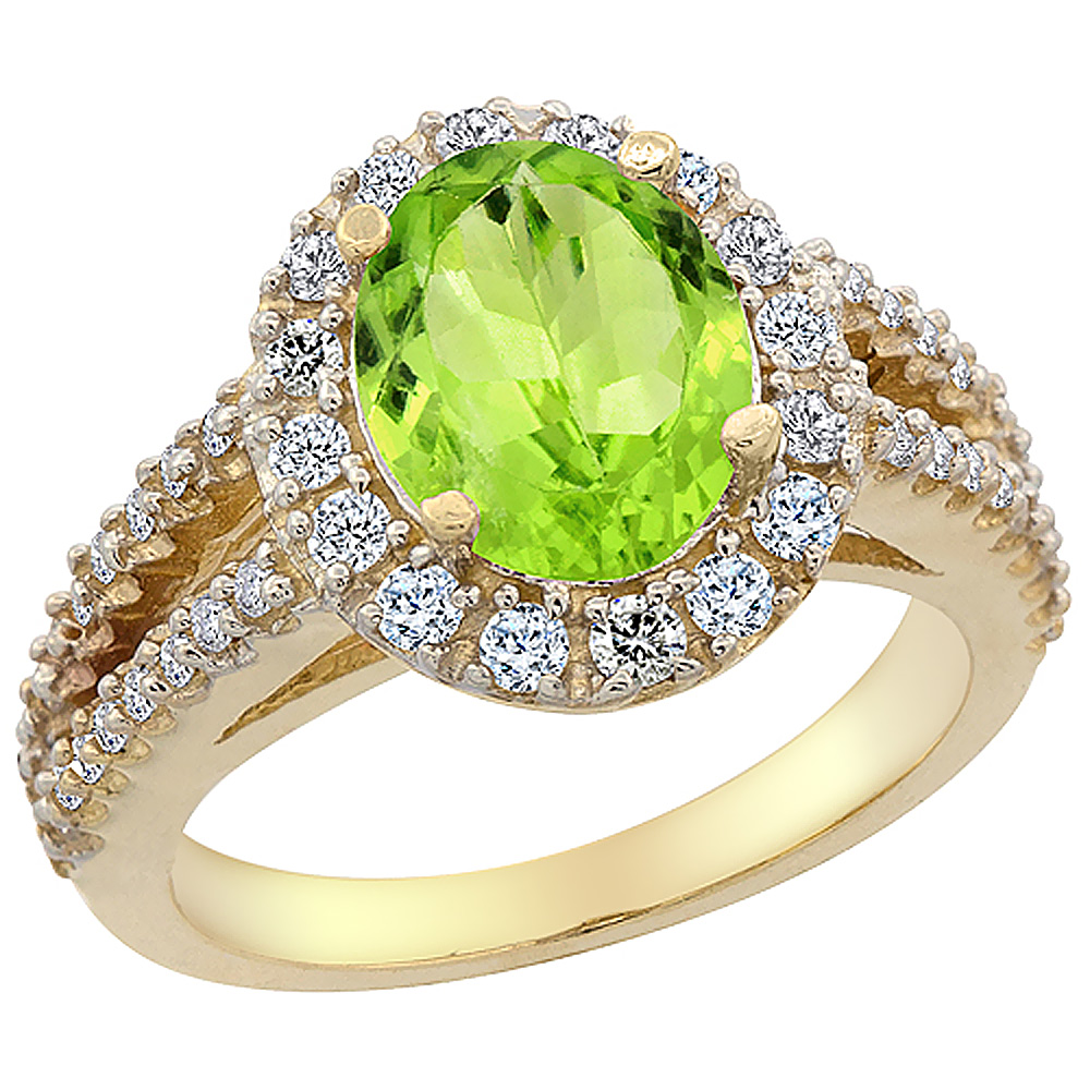 14K Yellow Gold Diamond Natural Peridot Engagement Ring Oval 10x8mm, sizes 5-10