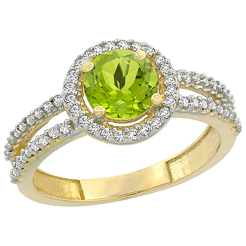 10K Yellow Gold Natural Peridot Diamond Halo Ring Round 6mm, sizes 5 - 10