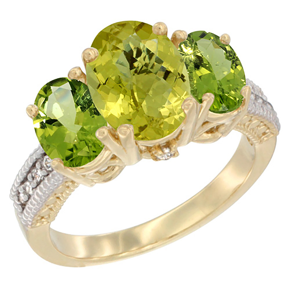 10K Yellow Gold Diamond Natural Lemon Quartz Ring 3-Stone Oval 8x6mm with Peridot, sizes5-10