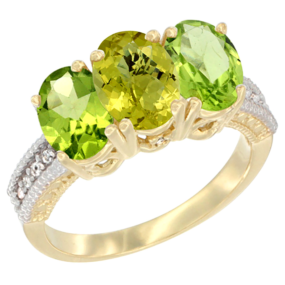 14K Yellow Gold Natural Lemon Quartz & Peridot Sides Ring 3-Stone Oval 7x5 mm Diamond Accent, sizes 5 - 10