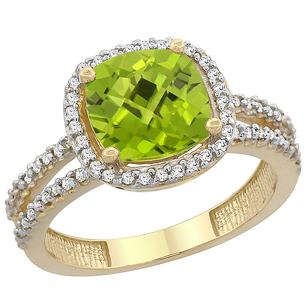 14K Yellow Gold Natural Peridot Ring Cushion-cut 8x8 mm 2-row Diamond Accents, sizes 5 - 10