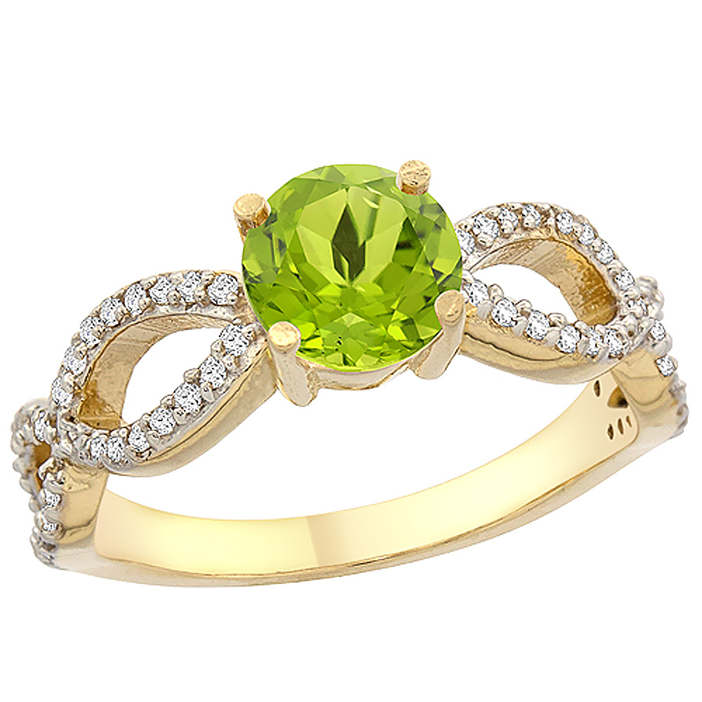 10K Yellow Gold Natural Peridot Ring Round 6mm Infinity Diamond Accents, sizes 5 - 10