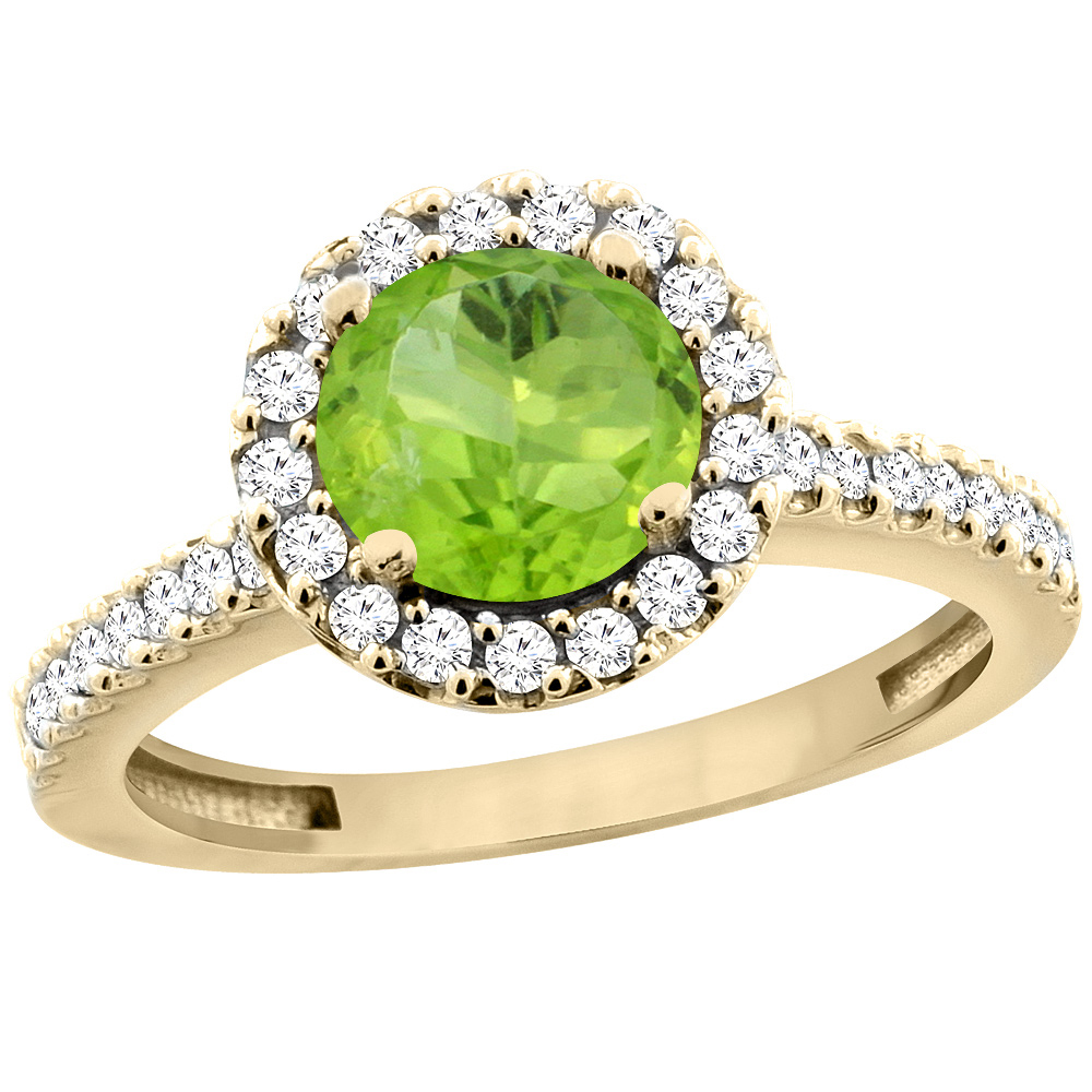 10K Yellow Gold Natural Peridot Ring Round 6mm Floating Halo Diamond, sizes 5 - 10