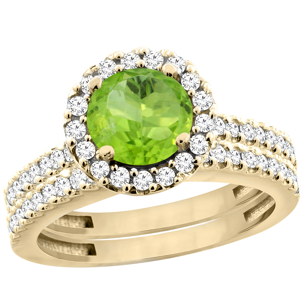 14K Yellow Gold Natural Peridot Round 6mm 2-Piece Engagement Ring Set Floating Halo Diamond, sizes 5 - 10