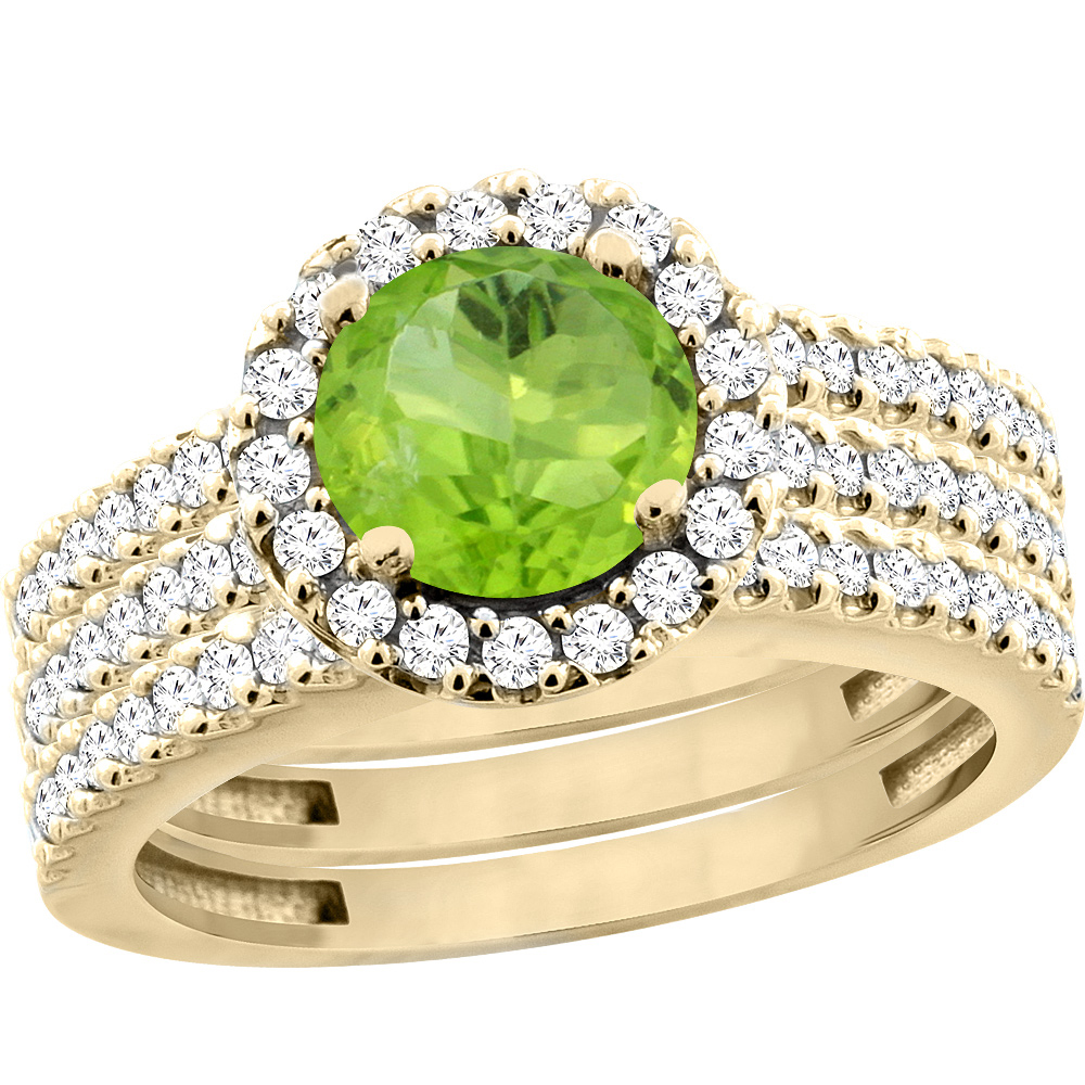 14K Yellow Gold Natural Peridot 3-Piece Bridal Ring Set Round 6mm Halo Diamond, sizes 5 - 10