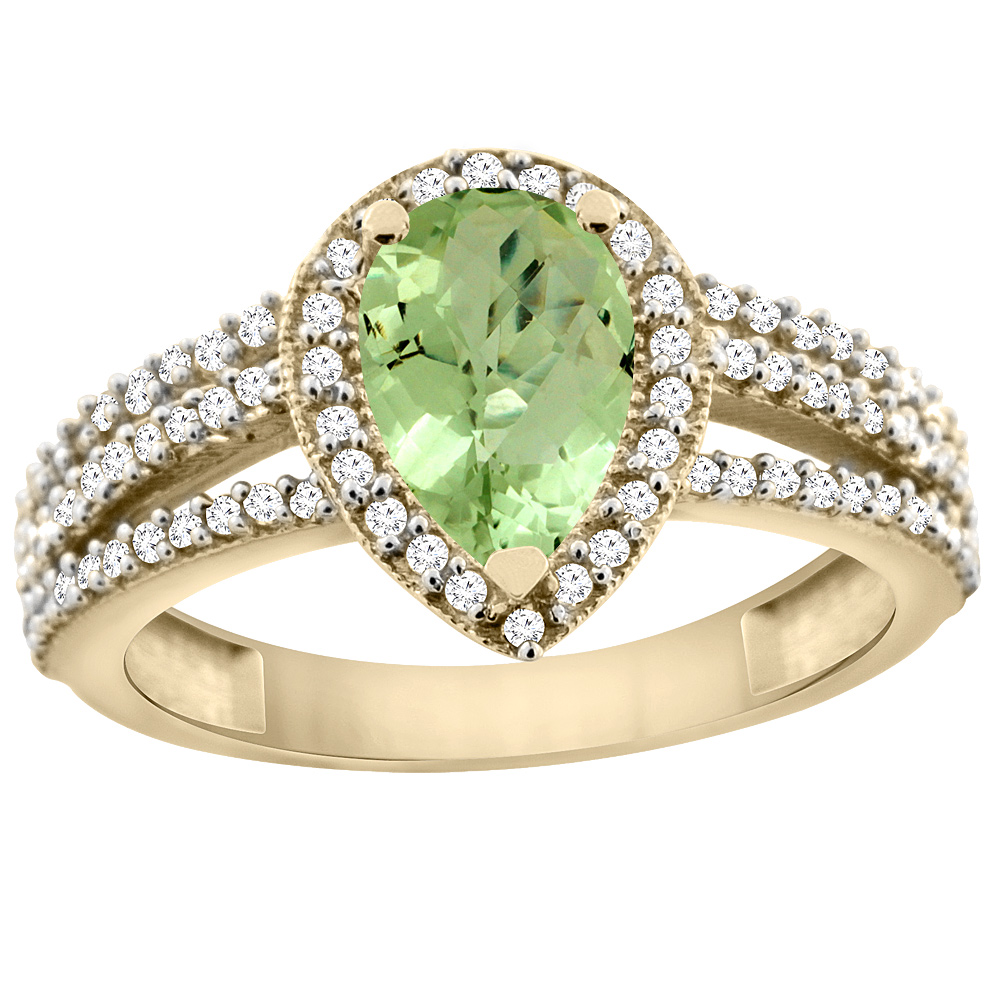 10K Yellow Gold Natural Peridot Ring 9x7 Pear Halo Diamond, sizes 5 - 10