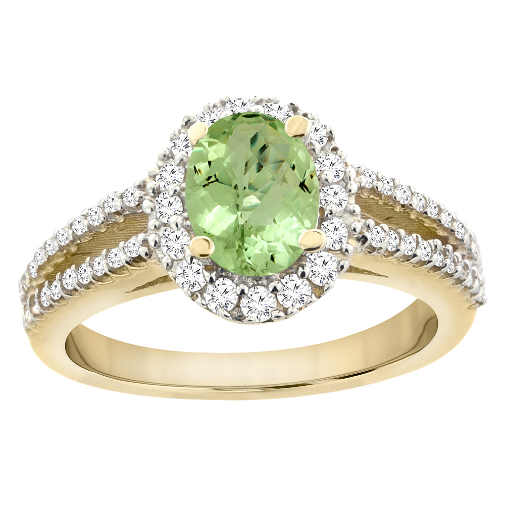 10K Yellow Gold Natural Peridot Split Shank Halo Engagement Ring Oval 7x5 mm, sizes 5 - 10