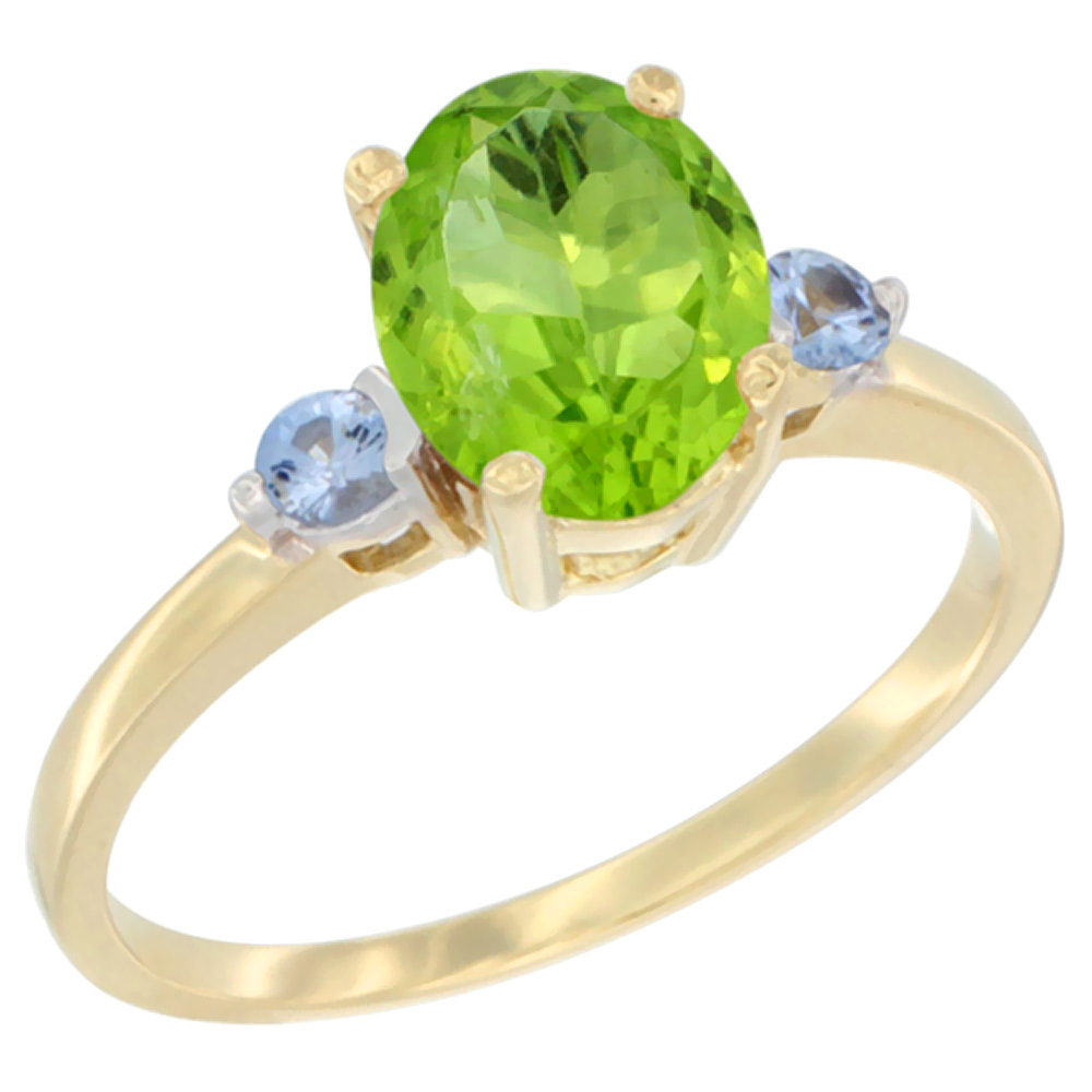 14K Yellow Gold Natural Peridot Ring Oval 9x7 mm Light Blue Sapphire Accent, sizes 5 to 10