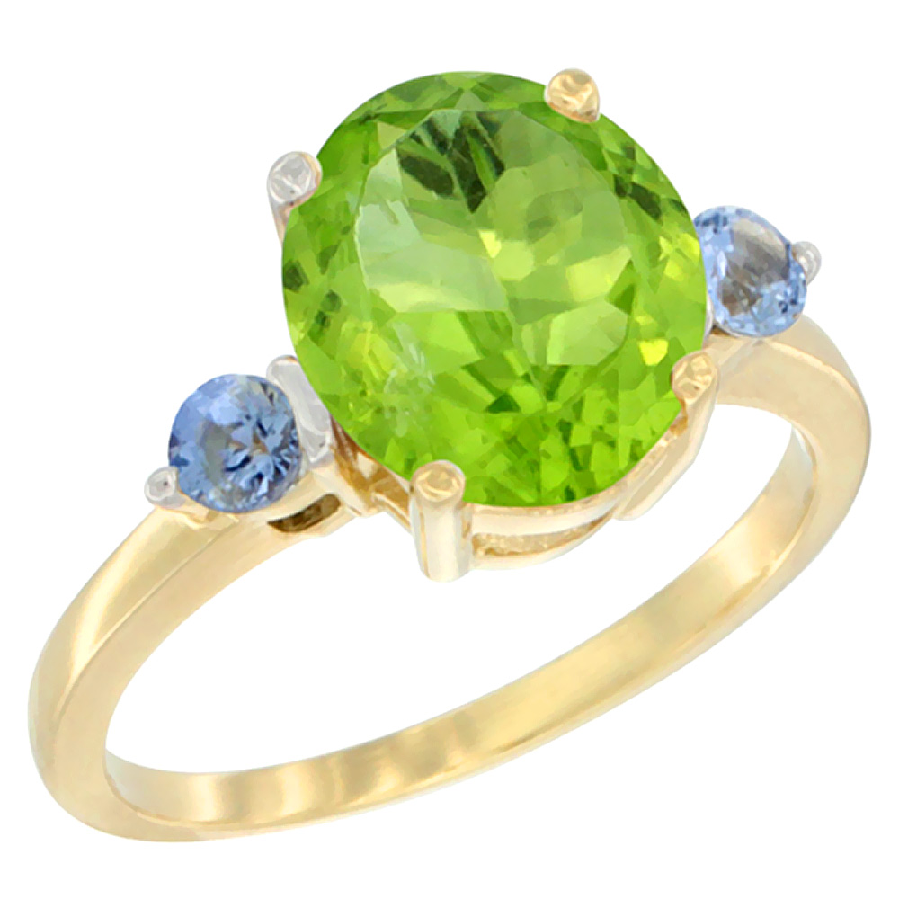 14K Yellow Gold 10x8mm Oval Natural Peridot Ring for Women Light Blue Sapphire Side-stones sizes 5 - 10