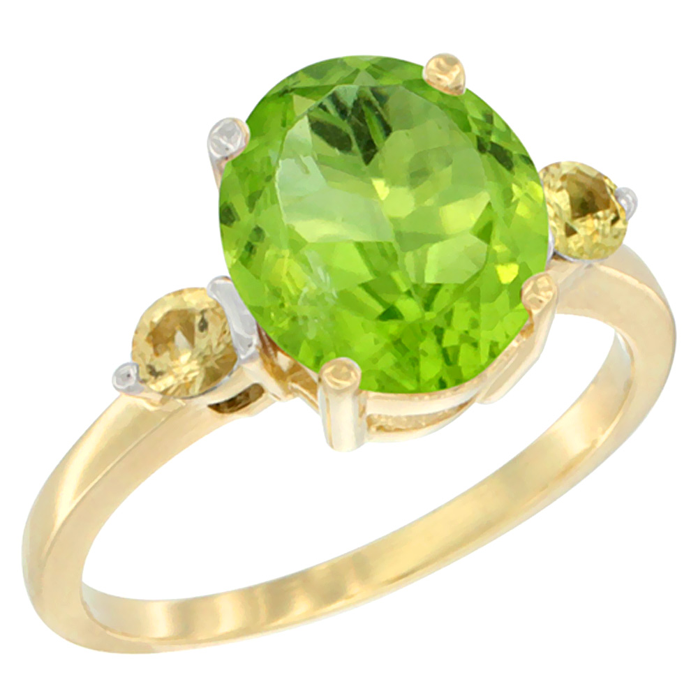 10K Yellow Gold 10x8mm Oval Natural Peridot Ring for Women Yellow Sapphire Side-stones sizes 5 - 10