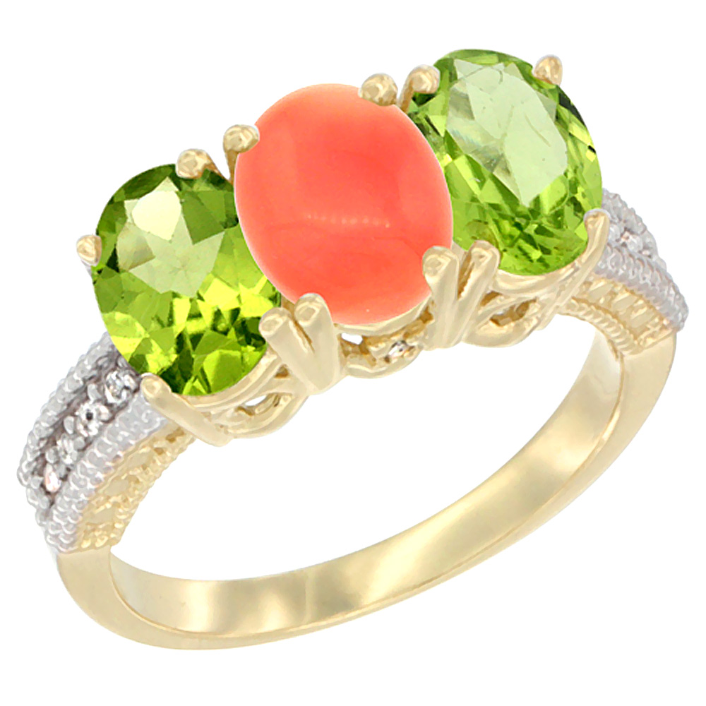 14K Yellow Gold Natural Coral &amp; Peridot Sides Ring 3-Stone Oval 7x5 mm Diamond Accent, sizes 5 - 10