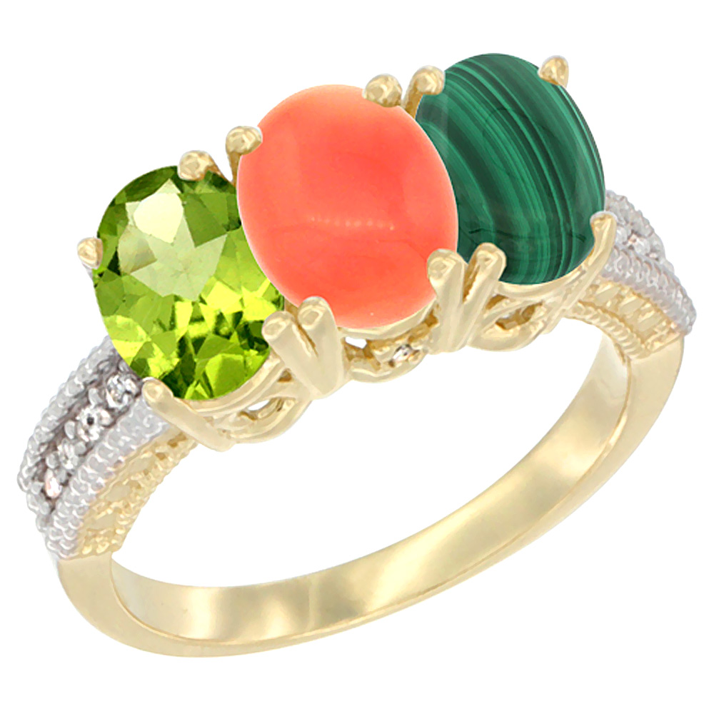 10K Yellow Gold Natural Peridot, Coral & Malachite Ring 3-Stone Oval 7x5 mm, sizes 5 - 10