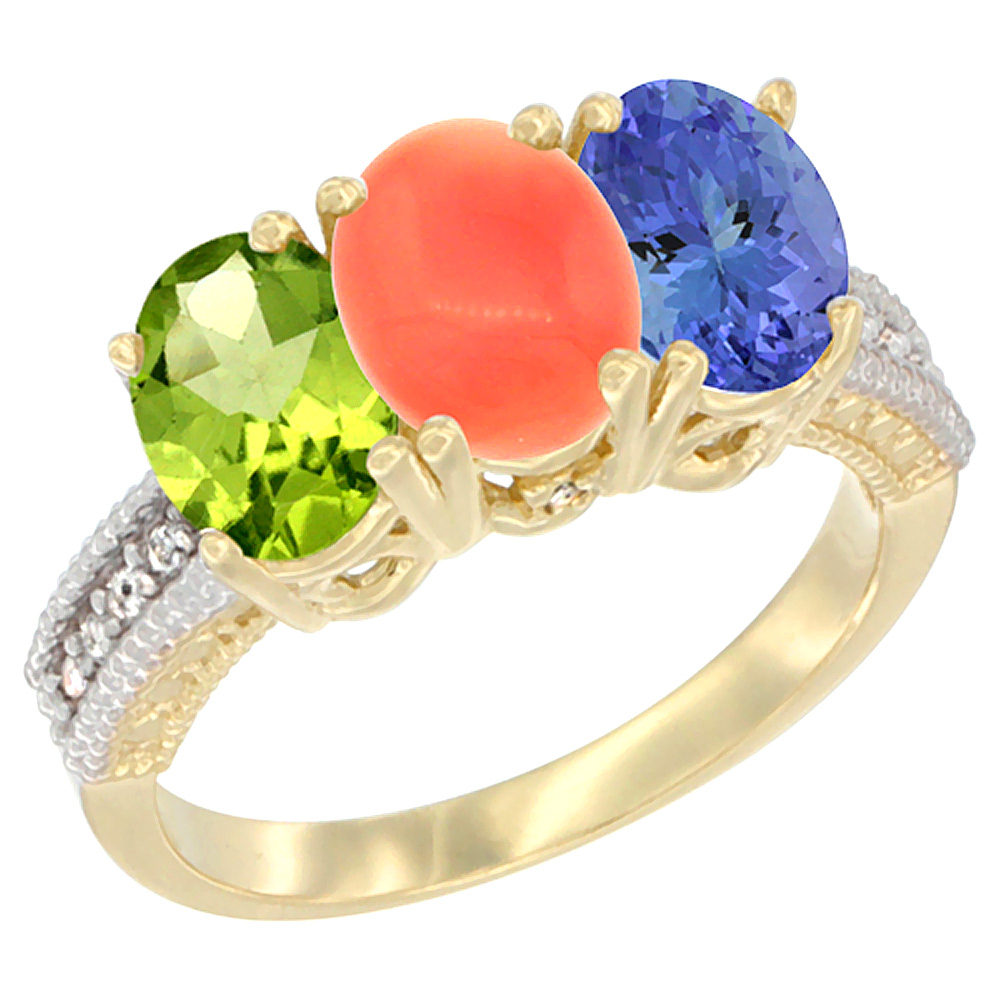 10K Yellow Gold Natural Peridot, Coral & Tanzanite Ring 3-Stone Oval 7x5 mm, sizes 5 - 10