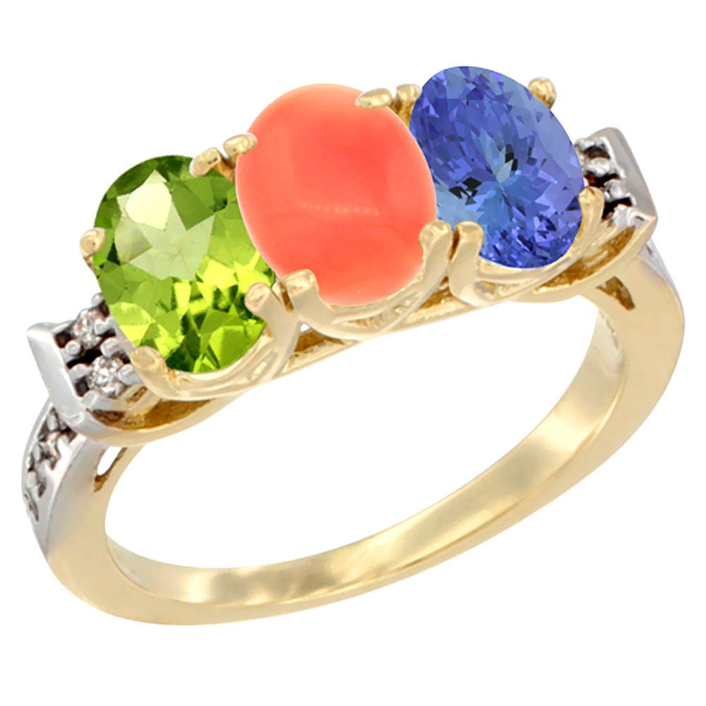 14K Yellow Gold Natural Peridot, Coral & Tanzanite Ring 3-Stone Oval 7x5 mm Diamond Accent, sizes 5 - 10