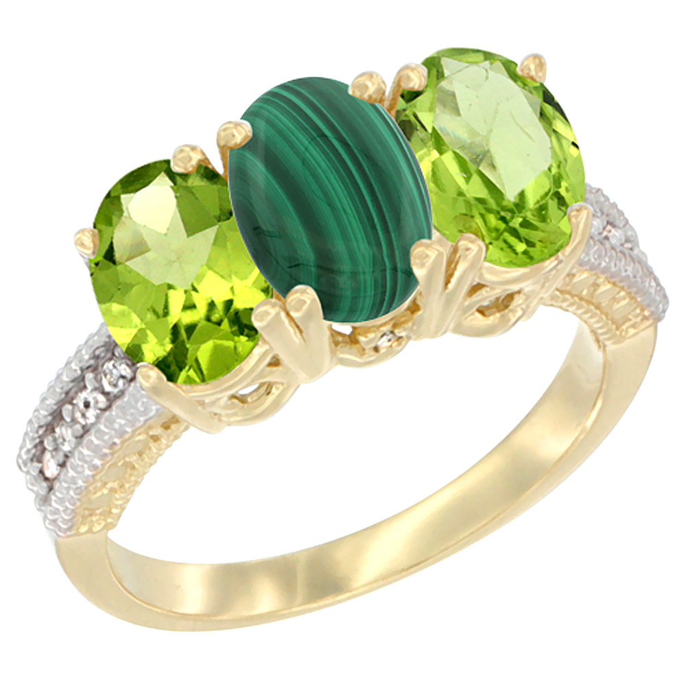 14K Yellow Gold Natural Malachite & Peridot Sides Ring 3-Stone Oval 7x5 mm Diamond Accent, sizes 5 - 10