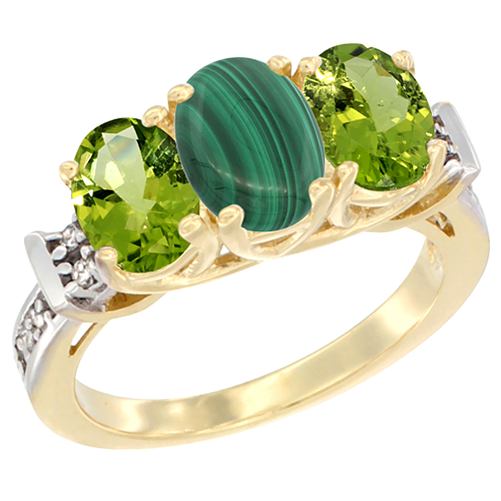 10K Yellow Gold Natural Malachite & Peridot Sides Ring 3-Stone Oval Diamond Accent, sizes 5 - 10