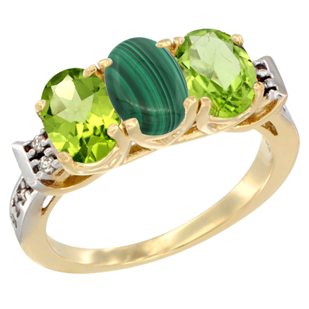 10K Yellow Gold Natural Malachite & Peridot Sides Ring 3-Stone Oval 7x5 mm Diamond Accent, sizes 5 - 10