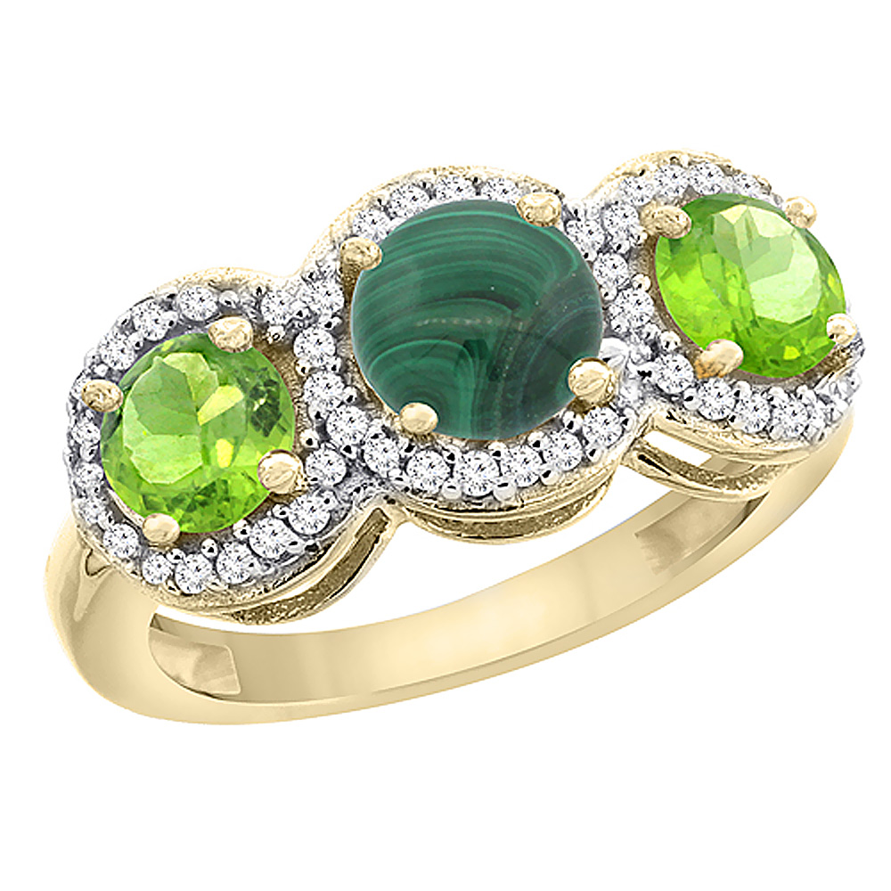 14K Yellow Gold Natural Malachite &amp; Peridot Sides Round 3-stone Ring Diamond Accents, sizes 5 - 10