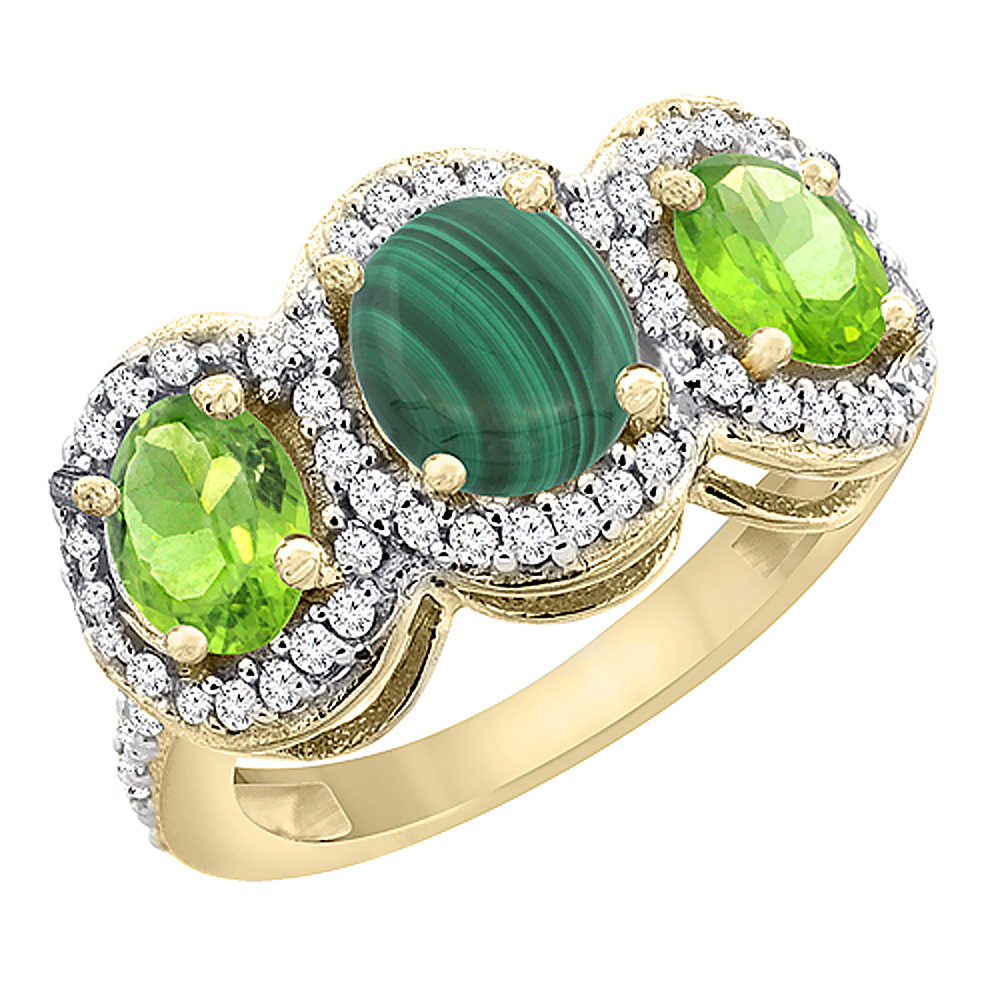 14K Yellow Gold Natural Malachite & Peridot 3-Stone Ring Oval Diamond Accent, sizes 5 - 10