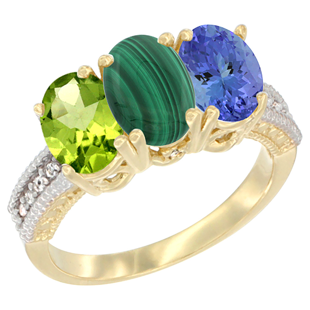 14K Yellow Gold Natural Peridot, Malachite & Tanzanite Ring 3-Stone Oval 7x5 mm Diamond Accent, sizes 5 - 10