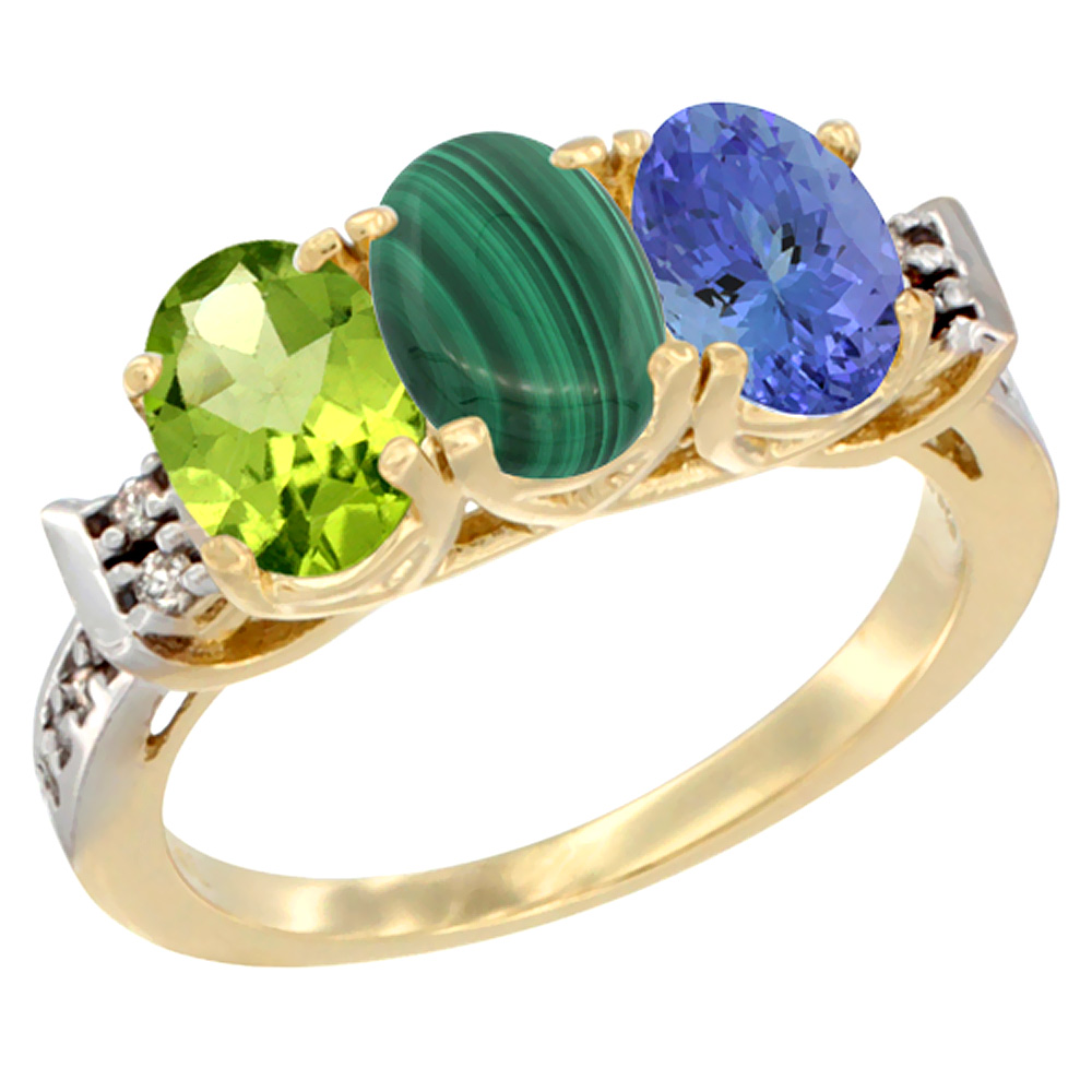 10K Yellow Gold Natural Peridot, Malachite & Tanzanite Ring 3-Stone Oval 7x5 mm Diamond Accent, sizes 5 - 10