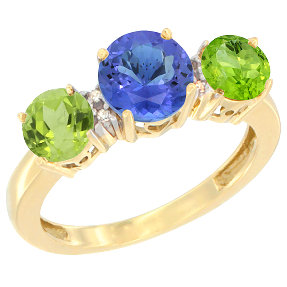 14K Yellow Gold Round 3-Stone Natural Tanzanite Ring & Peridot Sides Diamond Accent, sizes 5 - 10