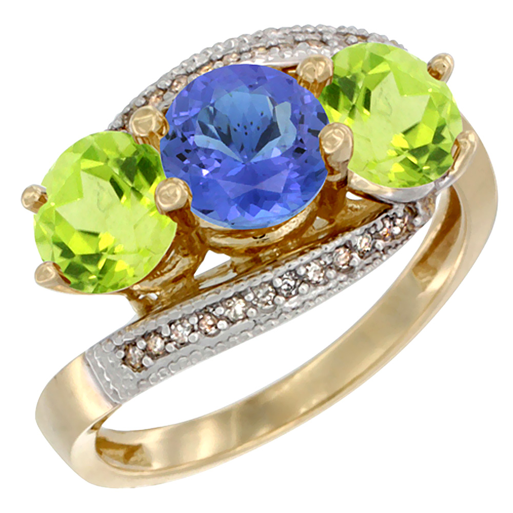 10K Yellow Gold Natural Tanzanite &amp; Peridot Sides 3 stone Ring Round 6mm Diamond Accent, sizes 5 - 10