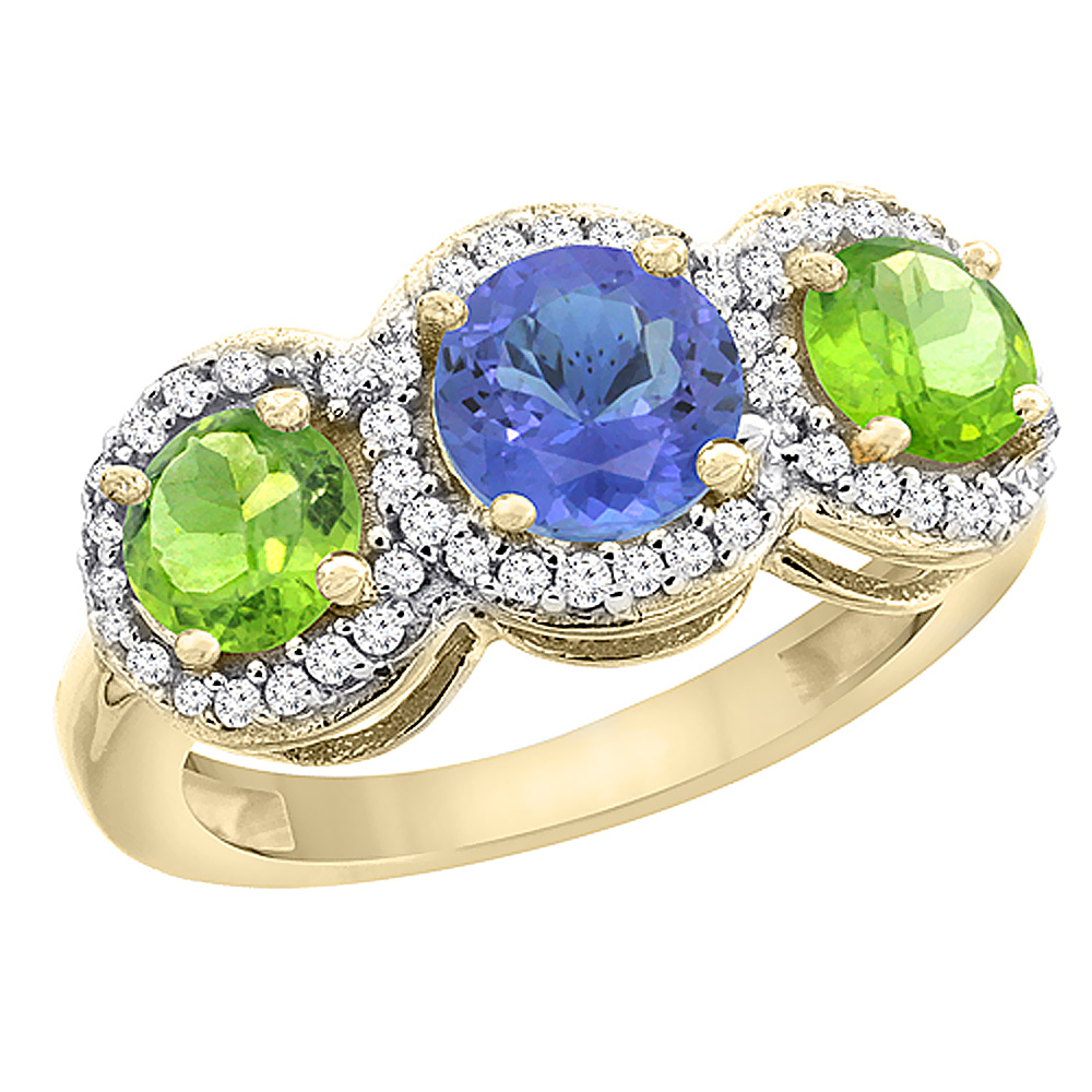 10K Yellow Gold Natural Tanzanite &amp; Peridot Sides Round 3-stone Ring Diamond Accents, sizes 5 - 10