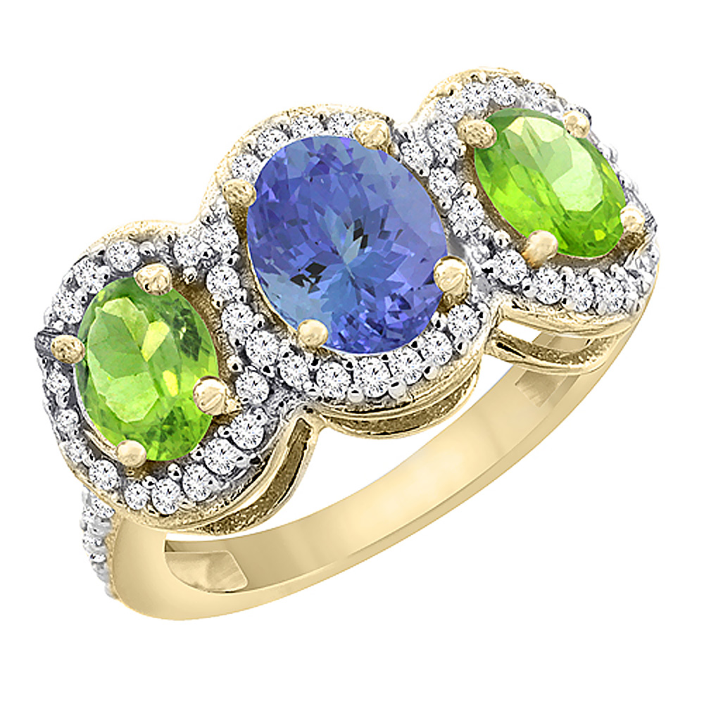 10K Yellow Gold Natural Tanzanite & Peridot 3-Stone Ring Oval Diamond Accent, sizes 5 - 10