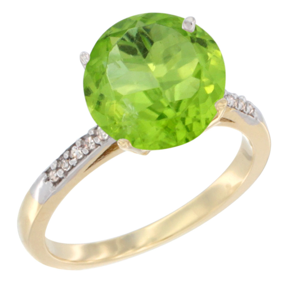 10K Yellow Gold Natural Peridot Ring Round 10mm Diamond accent, sizes 5 - 10