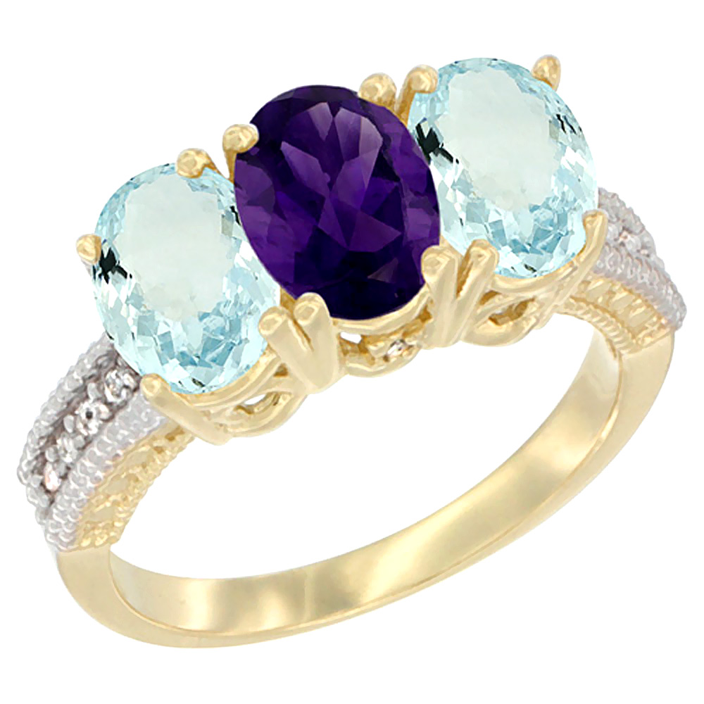 14K Yellow Gold Natural Amethyst & Aquamarine Sides Ring 3-Stone Oval 7x5 mm Diamond Accent, sizes 5 - 10