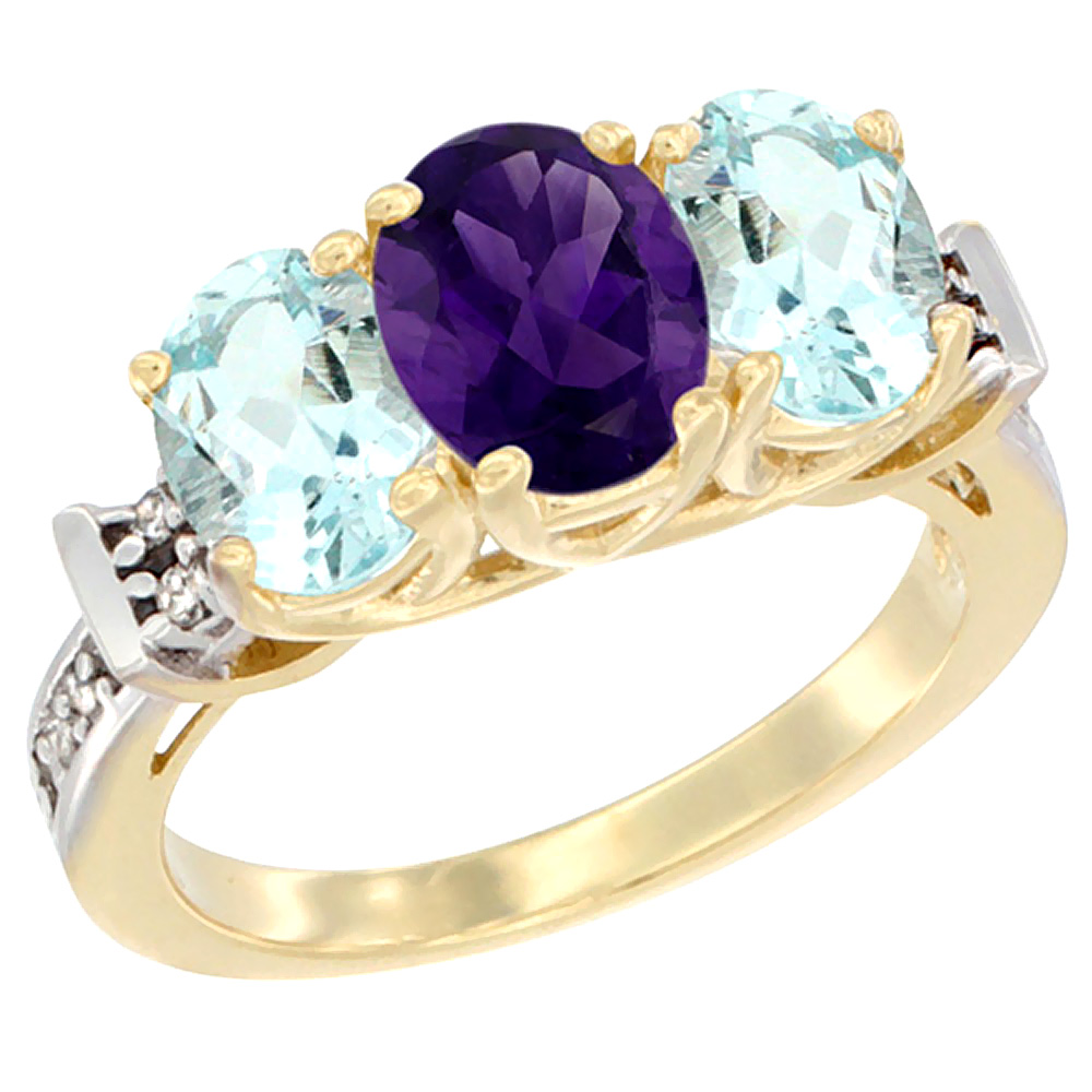 10K Yellow Gold Natural Amethyst & Aquamarine Sides Ring 3-Stone Oval Diamond Accent, sizes 5 - 10