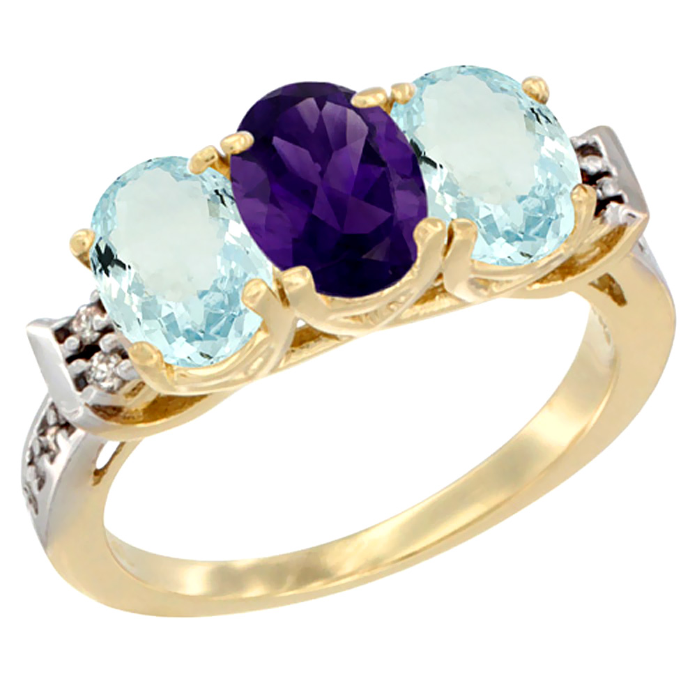 10K Yellow Gold Natural Amethyst &amp; Aquamarine Sides Ring 3-Stone Oval 7x5 mm Diamond Accent, sizes 5 - 10