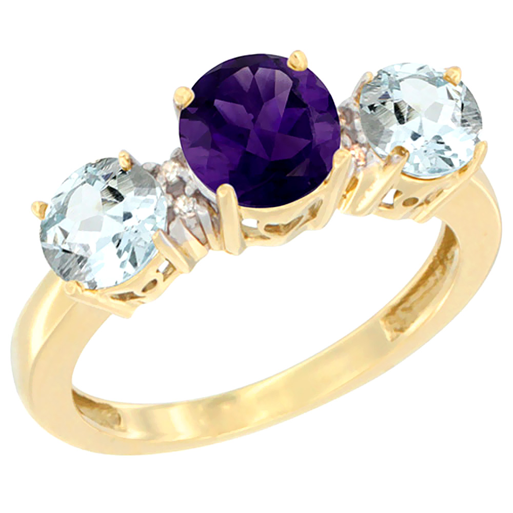 14K Yellow Gold Round 3-Stone Natural Amethyst Ring & Aquamarine Sides Diamond Accent, sizes 5 - 10