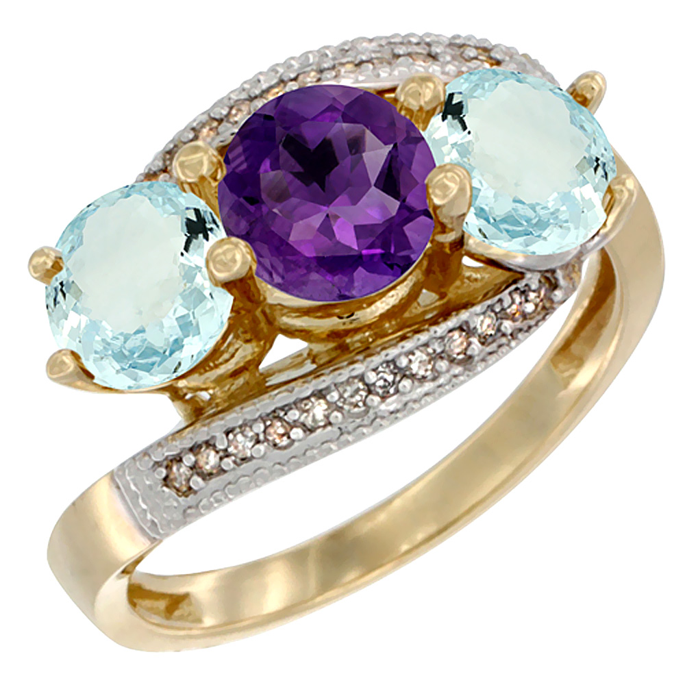 10K Yellow Gold Natural Amethyst &amp; Aquamarine Sides 3 stone Ring Round 6mm Diamond Accent, sizes 5 - 10