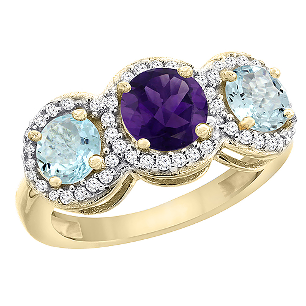 14K Yellow Gold Natural Amethyst &amp; Aquamarine Sides Round 3-stone Ring Diamond Accents, sizes 5 - 10