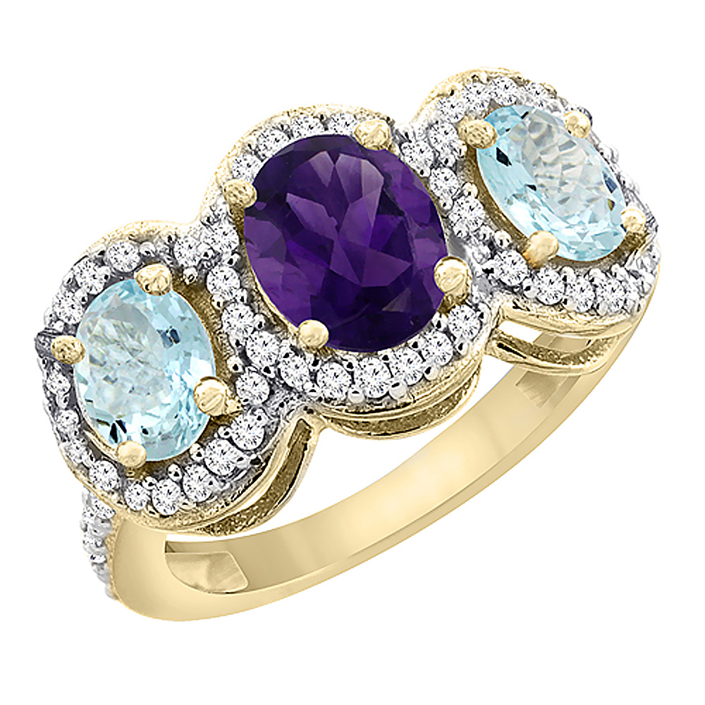 14K Yellow Gold Natural Amethyst & Aquamarine 3-Stone Ring Oval Diamond Accent, sizes 5 - 10