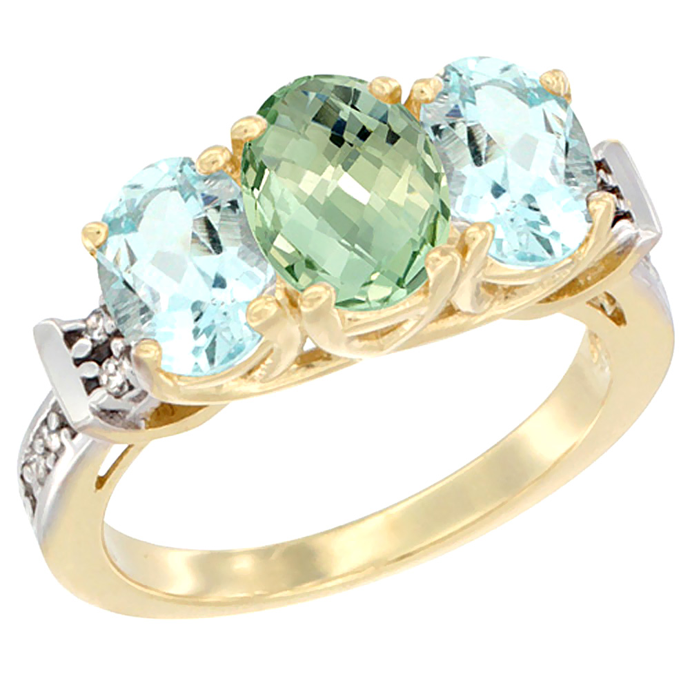14K Yellow Gold Natural Green Amethyst &amp; Aquamarine Sides Ring 3-Stone Oval Diamond Accent, sizes 5 - 10