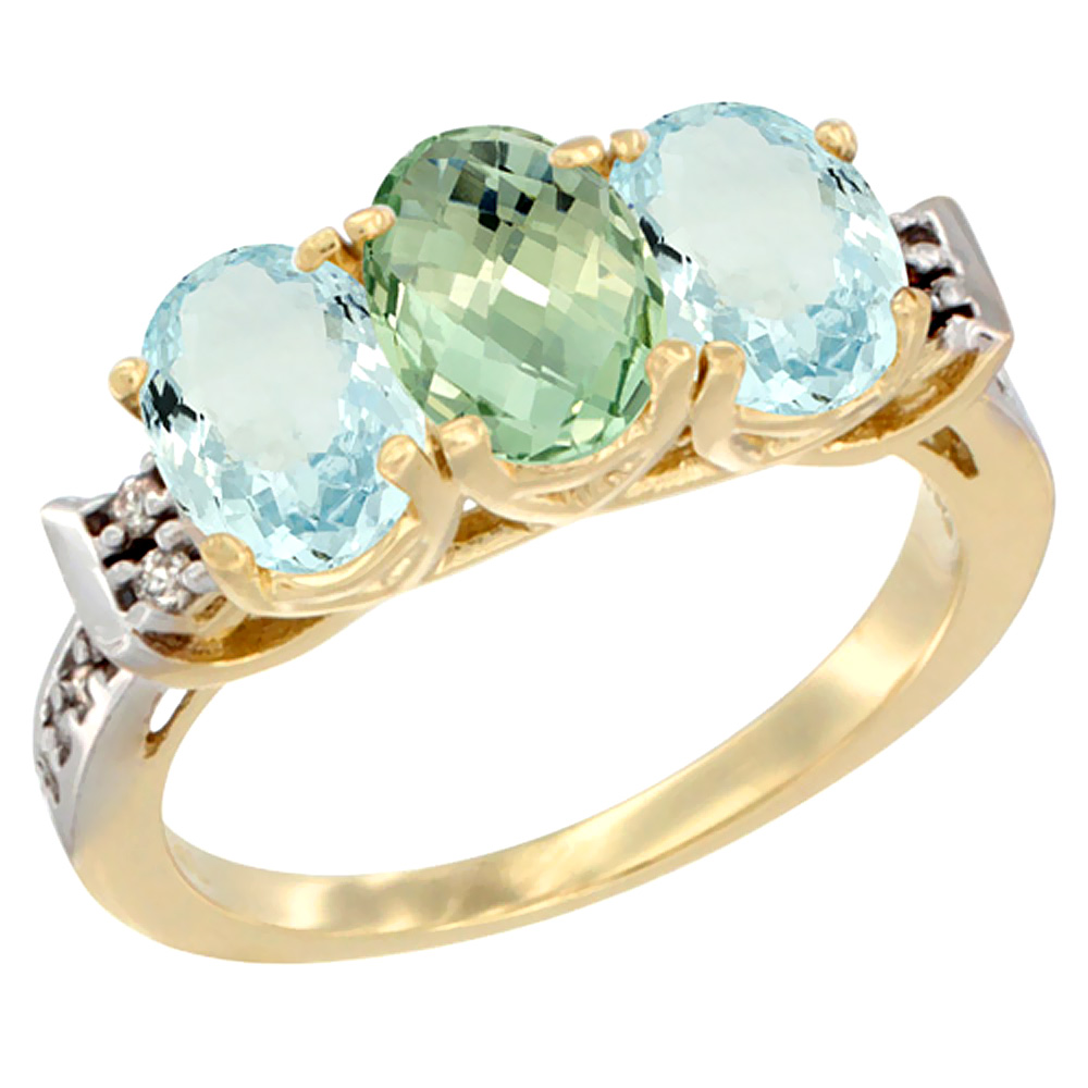 14K Yellow Gold Natural Green Amethyst &amp; Aquamarine Sides Ring 3-Stone Oval 7x5 mm Diamond Accent, sizes 5 - 10