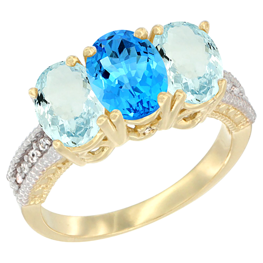 14K Yellow Gold Natural Swiss Blue Topaz &amp; Aquamarine Sides Ring 3-Stone Oval 7x5 mm Diamond Accent, sizes 5 - 10